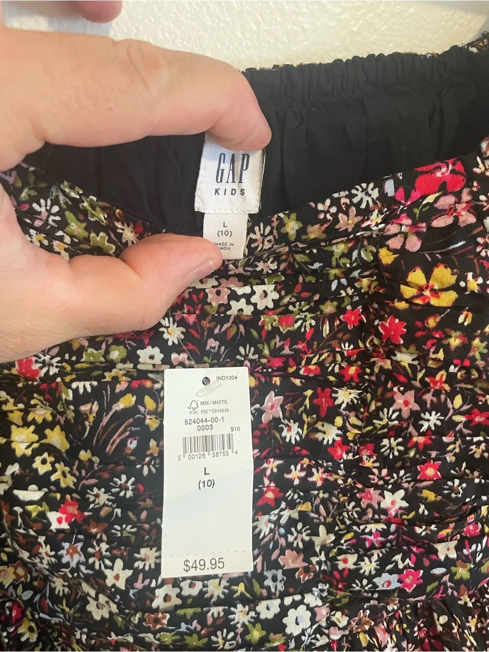 GAP Black Floral Smocked-Waist Long Sleeve Dress